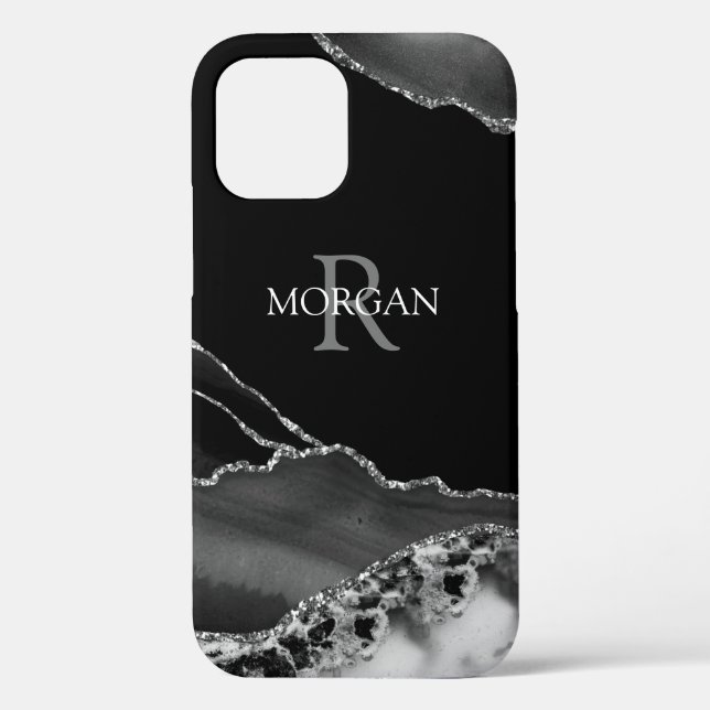 Coques Case-Mate iPhone Nom & Monogramme, Agate noir et blanc, Texte blanc (Verso)