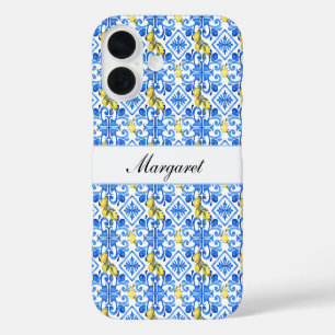 Coque Pour iPhone 16 Nom Monogramme Aquarelle Carrelage Bleu Citron Jau