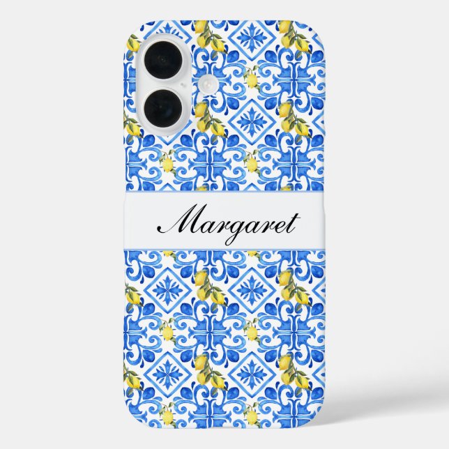 Coques Case-Mate iPhone Nom Monogramme Aquarelle Carrelage Bleu Citron Jau (Verso)