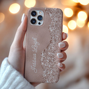 Coque iPhone 16 Pro Max Nom Monogramme avec Bordure Pailletée Rose Gold