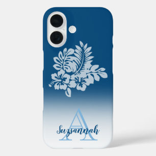 Coque Pour iPhone 16 Nom Monogramme Fleurs d'Hibiscus Tropicales Ombre