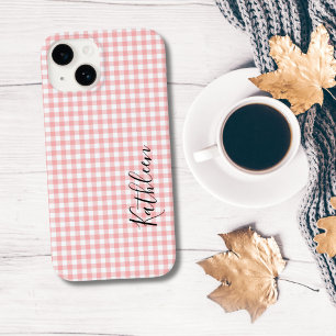 Coque Case-Mate iPhone Nom Monogramme Gingham Rose Blanc Carreaux