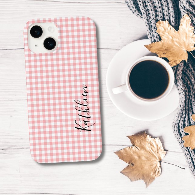 Coques Case-Mate iPhone Nom Monogramme Gingham Rose Blanc Carreaux (Monogrammed Pink White Gingham iPhone case)