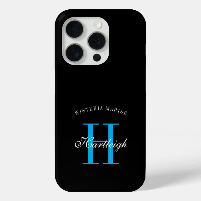 Coques Case-Mate iPhone Nom Monogramme Moderne Noir Bleu Blanc (Verso)