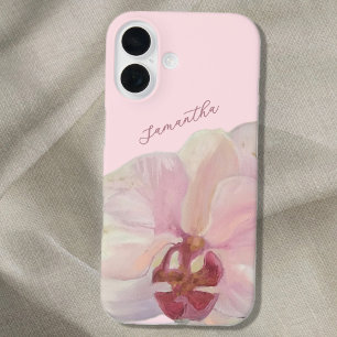Coque Pour iPhone 16 Nom Monogramme Orchidée Florale Rose Pastel Élégan
