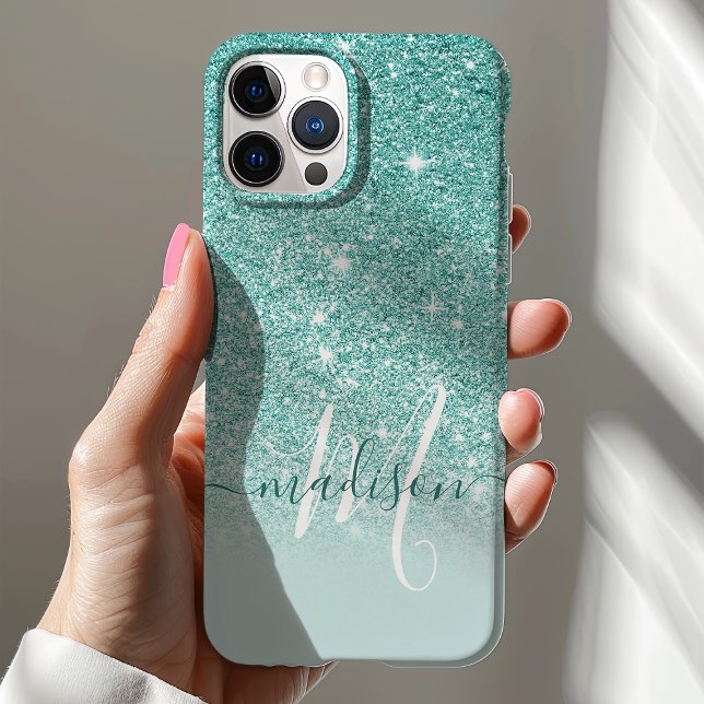Coques Case-Mate iPhone Nom Monogramme Pailleté Turquoise Féminin (Créateur téléchargé)