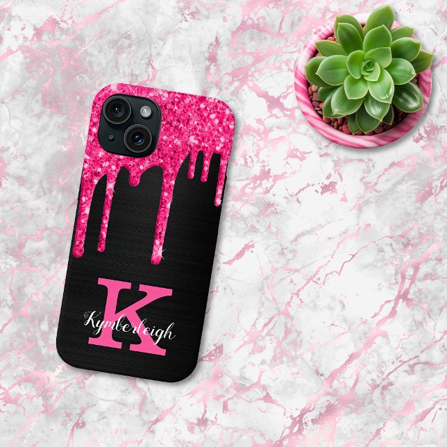 Coques Case-Mate iPhone Nom Monogramme Paillettes Rose Chaud Noir Féminin (Créateur téléchargé)