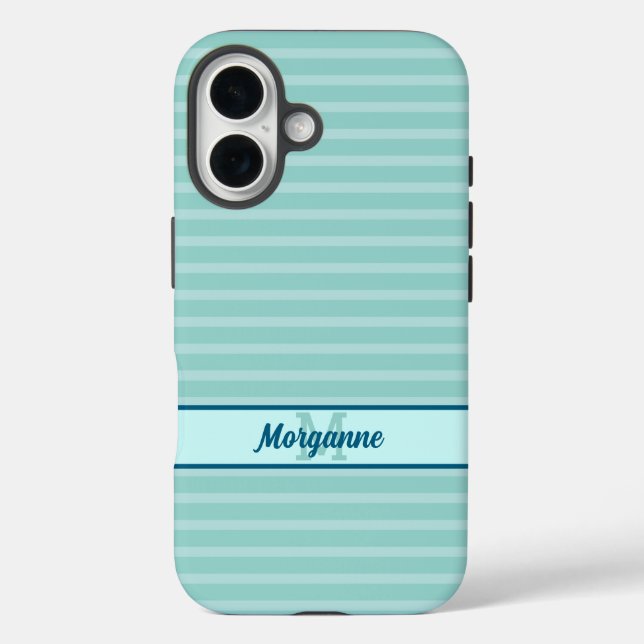 Coques Case-Mate iPhone Nom monogramme personnalisé motif à bandes turquoi (Verso)