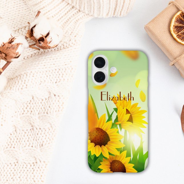 Coques Case-Mate iPhone Nom Monogramme Tournesols Jaune Vert Floral (Monogrammed Name Initials Sunflowers iPhone 16 15 14 13 12 11 case for her. )