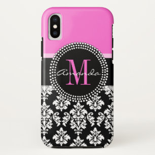 Coques Pour iPhone Nom noir de monogramme de damassé de roses indien