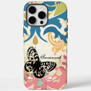 Coque iPhone 16 Pro Max Nom ou devis vintage de papillon rose