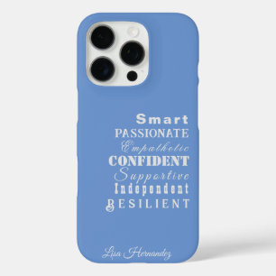 Coque iPhone 16 Pro Nom personnalisable, Caractéristiques Blanc sur Bl