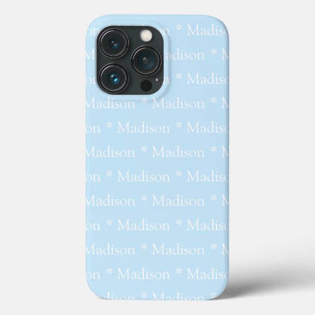 Coques Case-Mate iPhone Nom personnalisable, texte, bleu clair blanc (Verso)