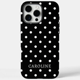 Coque iPhone 16 Pro Max Nom personnalisé à pois noirs et blancs tendance