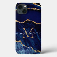Nom personnalisé Agate Marine Blue Gold Geode Marb