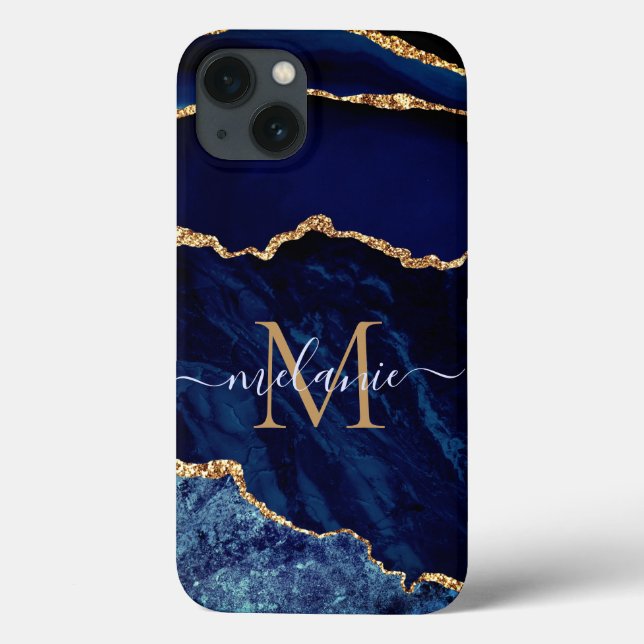 Coques Case-Mate iPhone Nom personnalisé Agate Marine Blue Gold Geode Marb (Verso)