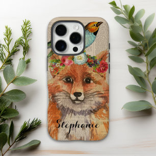 Coque iPhone 16 Pro Nom personnalisé Amis floraux de renard à l'aquare