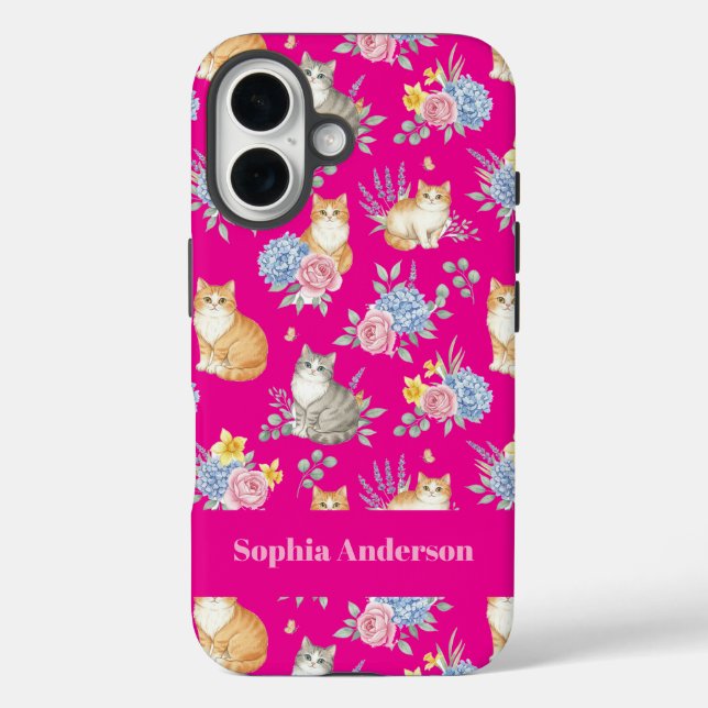 Coques Case-Mate iPhone Nom personnalisé Aquarelle Chats et Fleurs  (Verso)