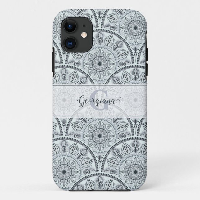 Coques Case-Mate iPhone Nom personnalisé Art Déco Harmonie Florale Gris Ma (Dos)