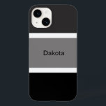 Coque Case-Mate iPhone Nom personnalisé avec rayure moderne grise noire e<br><div class="desc">Étui de téléphone cellulaire personnalisé moderne,  cool et élégant avec un motif de rayure grise,  noire et blanche. Grandes rayures noires et grises avec de petites rayures blanches. Personnalisé avec votre nom imprimé en noir.</div>