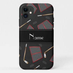 Coque iPhone 11 Nom personnalisé bâtons de hockey noir filets