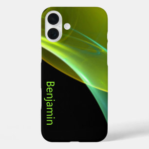 Coque Pour iPhone 16 Plus Nom personnalisé Black Wispy Greens Abstrait Artwo