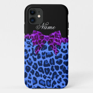 Coque iPhone 11 Nom personnalisé bleu empreinte de léopard violet