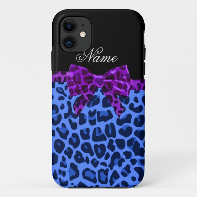 Coques Case-Mate iPhone Nom personnalisé bleu empreinte de léopard violet  (Dos)