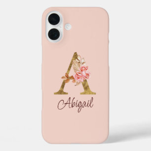 Coque Pour iPhone 16 Plus Nom personnalisé Blush Rose Fleur Lettre A en feui