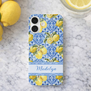Coque Pour iPhone 16 Nom personnalisé Carreau bleu méditerranéen Lemon