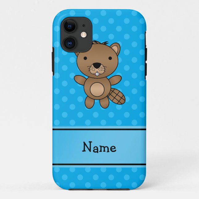 Coques Case-Mate iPhone Nom personnalisé castor bleu pois (Dos)