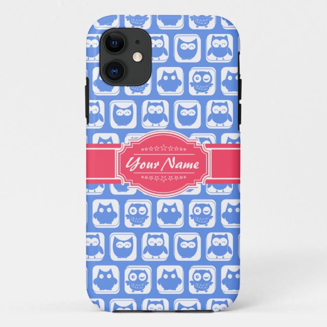 Coques Case-Mate iPhone Nom personnalisé Chouette bleue rose chaud (Dos)