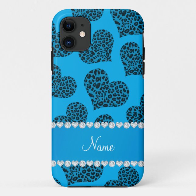 Coques Case-Mate iPhone Nom personnalisé ciel bleu léopard coeurs (Dos)