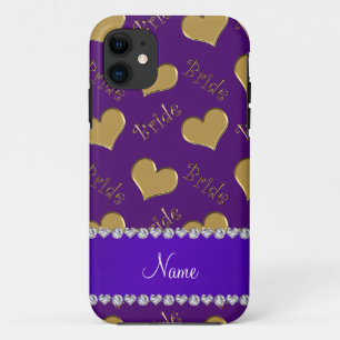 Coque iPhone 11 Nom personnalisé coeur de mariée en or violet