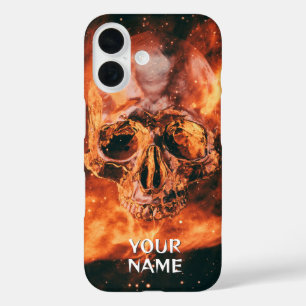 Coque Pour iPhone 16 Nom personnalisé. Crâne flamboyant dans l'espace