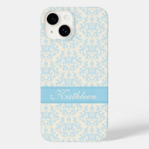 Coque Case-Mate iPhone Nom personnalisé damask bleu clair & crème