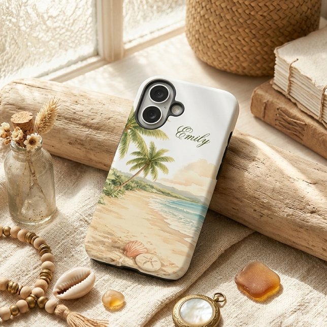 Coques Case-Mate iPhone Nom personnalisé de plage à l'aquarelle esthétique (Créateur téléchargé)