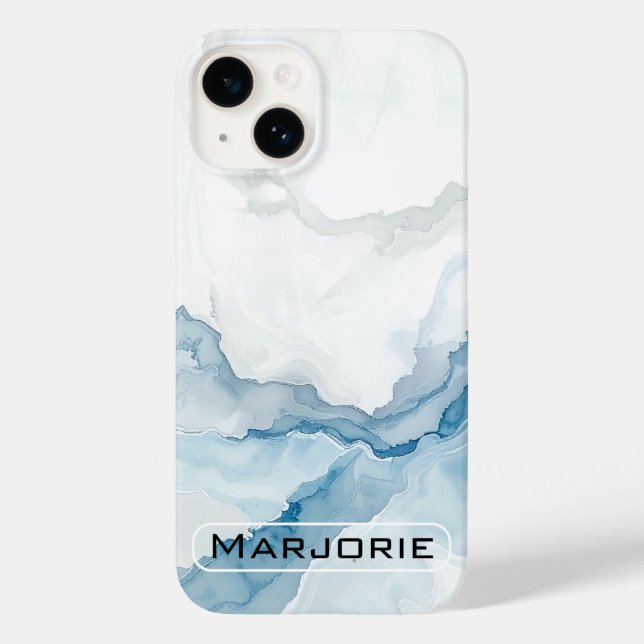 Coques Case-Mate iPhone Nom personnalisé élégant blanc et bleu marbre (Verso)
