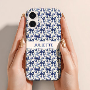 Coque Pour iPhone 16 Nom personnalisé Elégant Vintage Floral Blue Bows