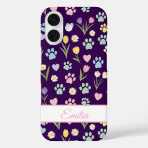 Coque Pour iPhone 16 Nom personnalisé Empreinte de patte & Coeurs Télép