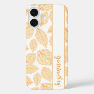 Coque Pour iPhone 16 Nom personnalisé Feuilles de squelette en or sur f