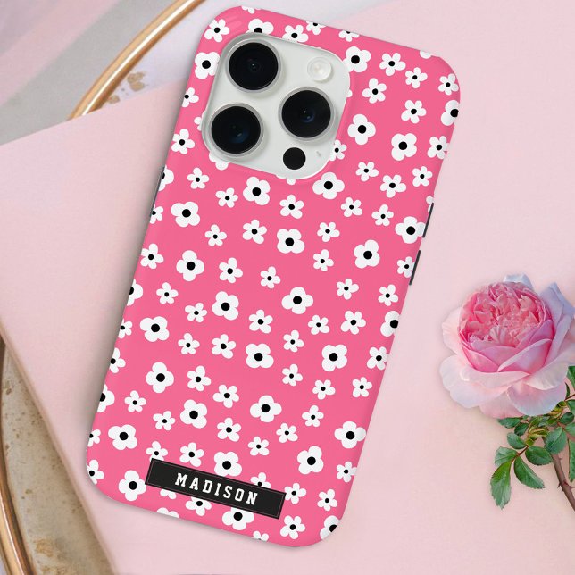 Coques Case-Mate iPhone Nom personnalisé Fille rose Motif Fleur blanche (Créateur téléchargé)