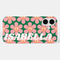 Nom Personnalisé Fleur de Paix Hippie Rétro Verte