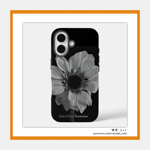 Coque Pour iPhone 16 Nom personnalisé Fleur noir et blanc élégant