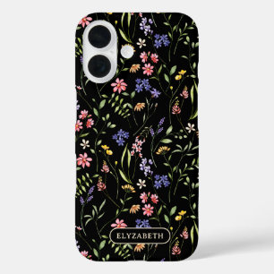Coque Pour iPhone 16 Nom personnalisé fleur sauvage Noir