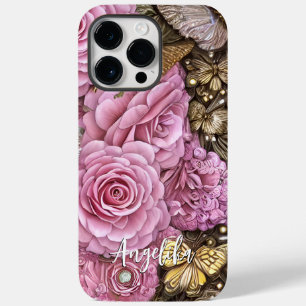 Coque Case-Mate iPhone Nom personnalisé Fleurs roses Papillons dorés