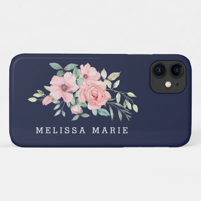 Coques Case-Mate iPhone Nom personnalisé Floral Blush Navy (Dos (Horizontal))