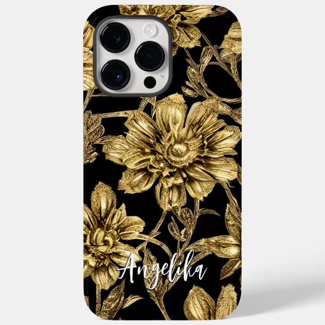 Coques Case-Mate iPhone Nom personnalisé floral noir et or (Verso)