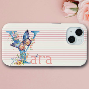 Coque Case-Mate iPhone Nom personnalisé Floral Papillon initial bleu, P