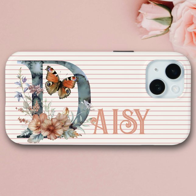 Coques Case-Mate iPhone Nom personnalisé | Floral Papillon initial Peach B (Créateur téléchargé)